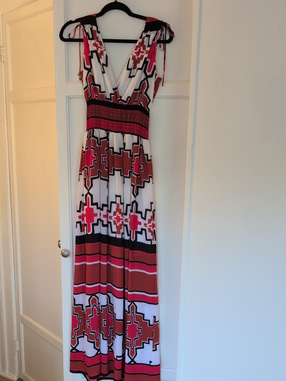 eva mendes for New York & Company Red, White and Brown Geometric Maxi Dress